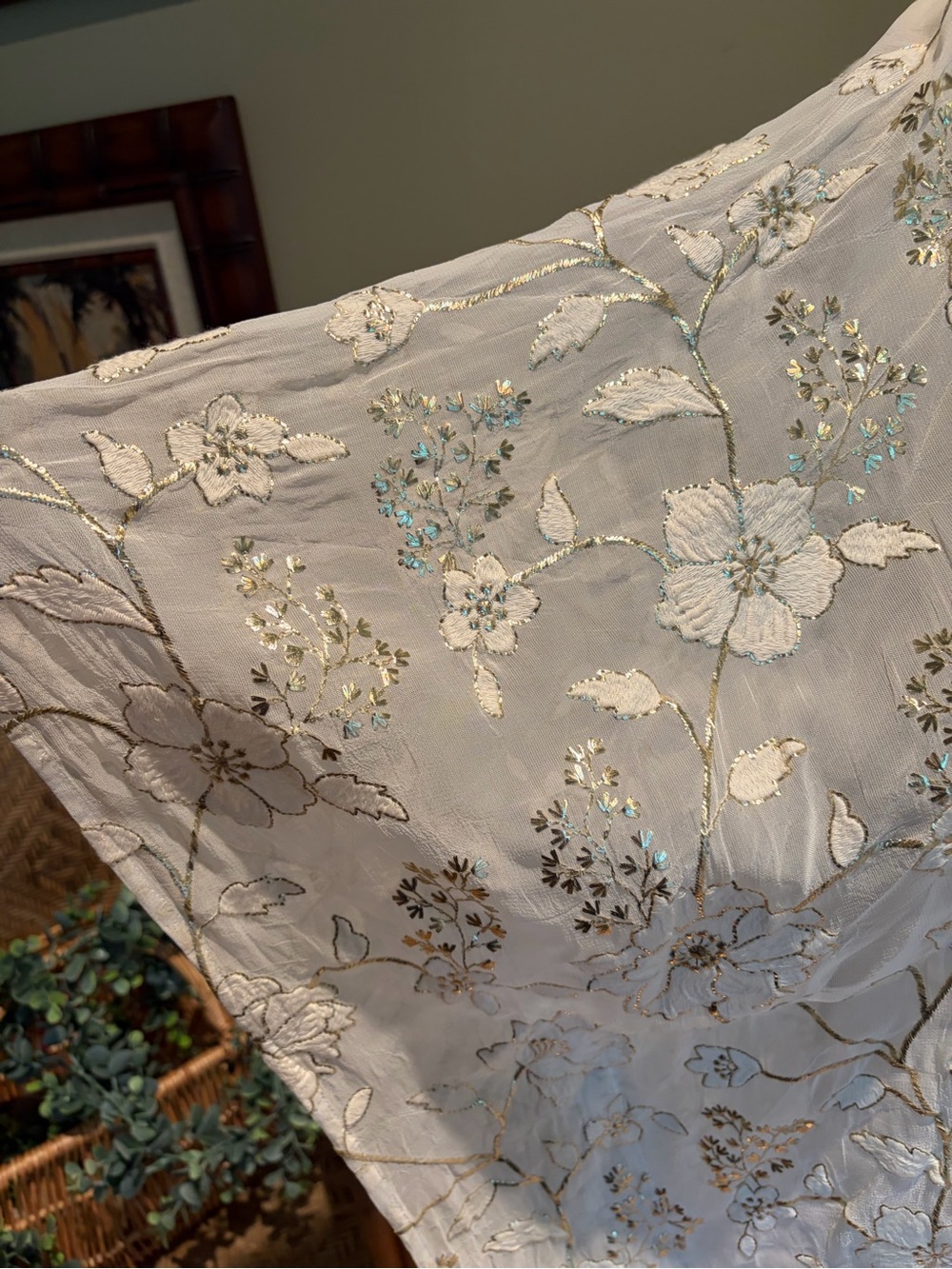 Karen Kane Sheer Floral Embroidered Open-Front Ivory and Gold Topper Jacket - Picture 5 of 11
